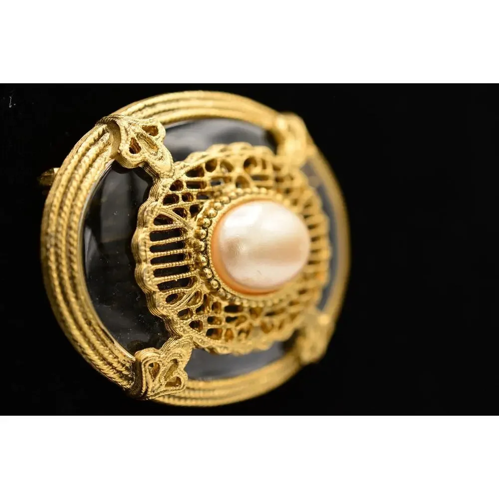 1928 Vintage Clear Lucite Pearl Pin Brooch Oval Antiqued Gold Chunky 1980s BinAL